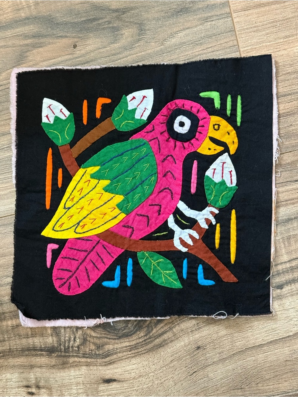 Vintage Mola Colorful Parrot Made in Panama Black Pink Yellow Green